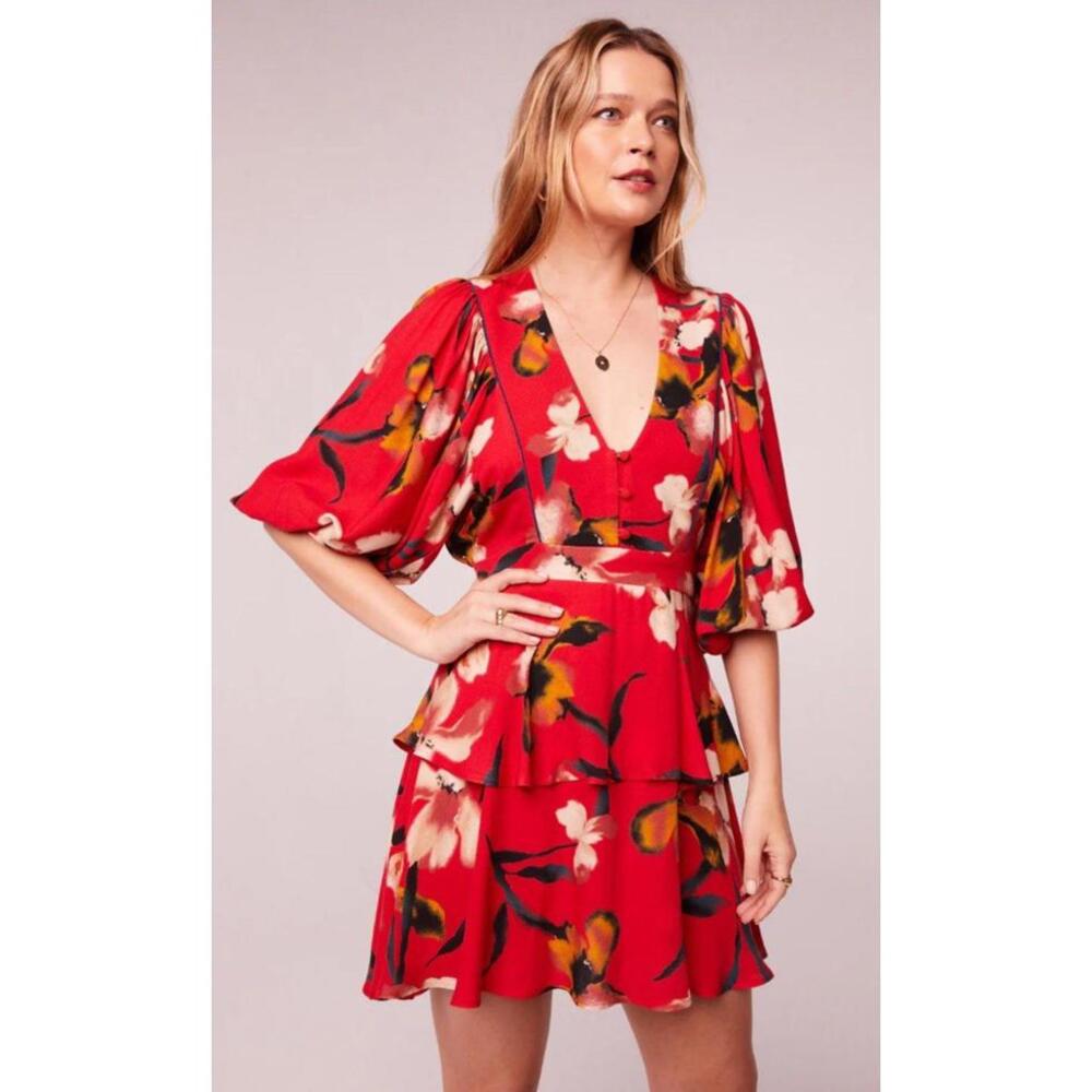 Red Floral V-Neck Tiered Mini Dress